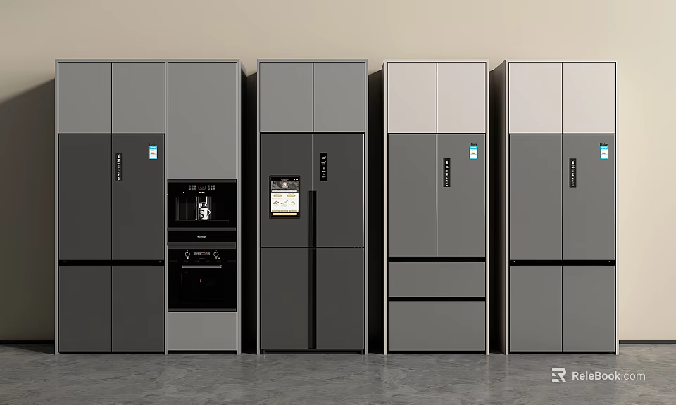 Modern Kitchen Refrigerators And Freezers In Grey Silver With Multiple Styles And Smart Screens 3d model 