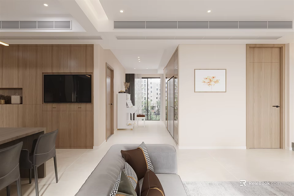 Modern Living and Dining Room Interior Design With Wooden Cabinets Sofa TV And Decorative Painting 3d model 