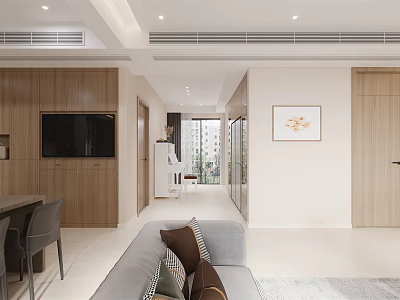 Modern Living and Dining Room Interior Design With Wooden Cabinets Sofa TV And Decorative Painting 3d model