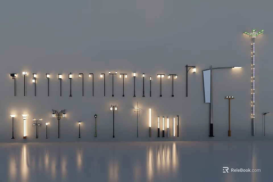 Stylish Outdoor Lights With Multiple Designs Different Styles And Illuminated Reflections 3d model