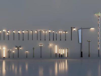 Stylish Outdoor Lights With Multiple Designs Different Styles And Illuminated Reflections 3d model