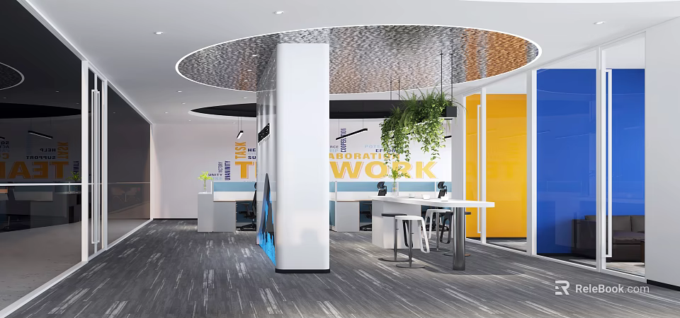 Modern Front Desk Reception Area Featuring Innovative Work Wall Hanging Plants And Tables 3d model