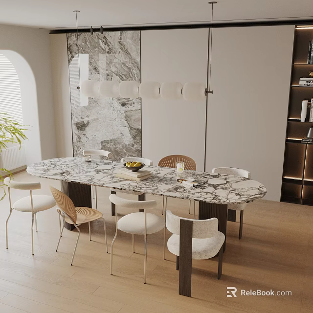 Modern Dining Table Set With Marble Top And Mixed Style Chairs In Interior Design 3d model 