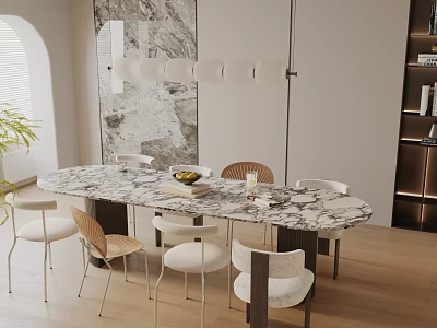 Modern Dining Table Set With Marble Top And Mixed Style Chairs In Interior Design 3d model