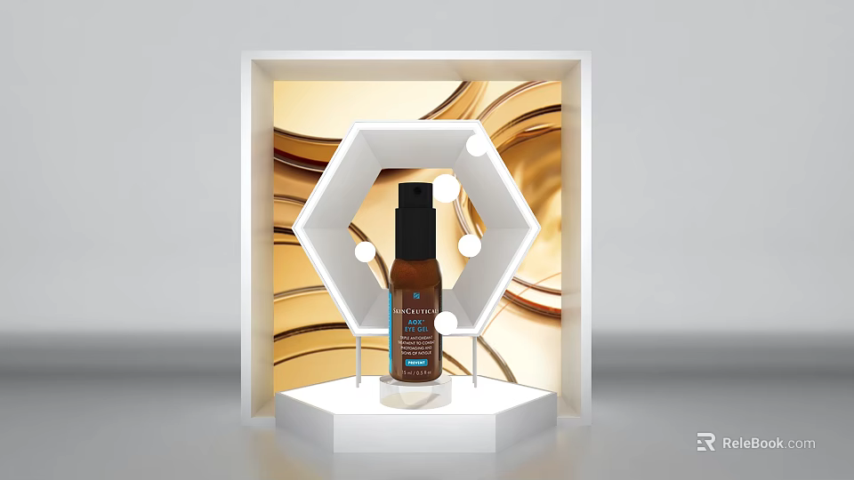 Facial Serum Showcased On White Hexagonal Display Stand With Golden Wave Background 3d model 