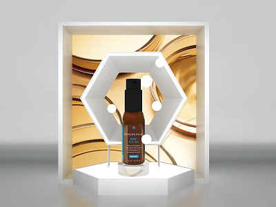 Facial Serum Showcased On White Hexagonal Display Stand With Golden Wave Background 3d model
