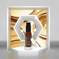 Facial Serum Showcased On White Hexagonal Display Stand With Golden Wave Background