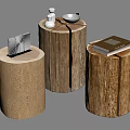 Natural Wooden Tree Stump Stools With Decorative Items On Top For Home Decor