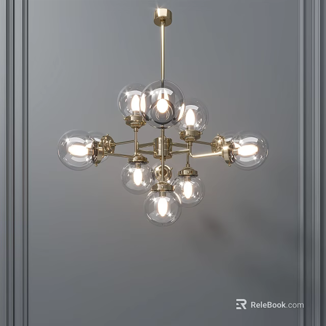Elegant Modern Chandelier with Brass Frame and Glass Globe Bulbs Hanging in Gray Wall Interior 3d model 