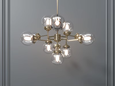 Elegant Modern Chandelier with Brass Frame and Glass Globe Bulbs Hanging in Gray Wall Interior 3d model