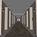 Hotel Corridor Interior Design With Beige Walls Patterned Carpet And Wall Sconces