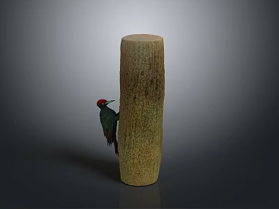 Red Crowned Black and Green Woodpecker Perched on Tall Wooden Pole Against Dark Background 3d model