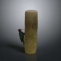 Red Crowned Black and Green Woodpecker Perched on Tall Wooden Pole Against Dark Background