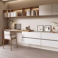 Modern Wooden Desk Interior With Open Bookshelf Table Lamp And Decorative Paintings