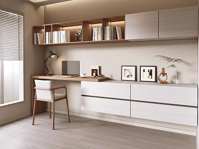 Modern Wooden Desk Interior With Open Bookshelf Table Lamp And Decorative Paintings 3d model