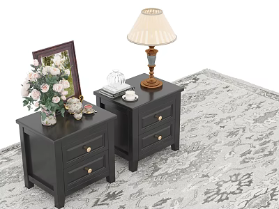 Black Nightstands With Table Lamp Picture Frame Flower Vase On Decorative Rug 3d model
