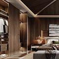 Modern Bedroom Interior With Wooden Ceiling Walls Bed Artwork And Area Rug