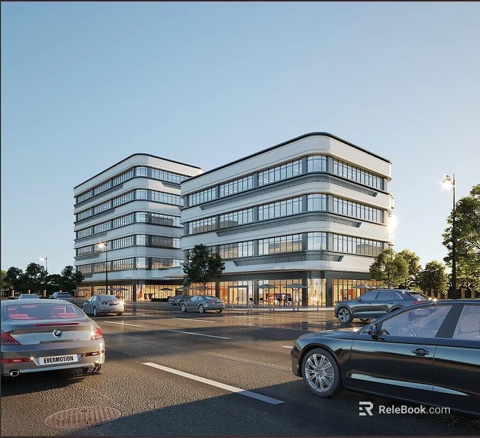 Multi Storey Modern Office Building Exterior With Glass Facade Parked Cars And Street Trees 3d model 
