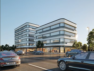 Multi Storey Modern Office Building Exterior With Glass Facade Parked Cars And Street Trees 3d model