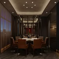 Elegant Private Dining Room With Round Table Brown Chairs Large Windows And Decorative Plant