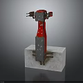 Red Industrial Mechanical Device Mounted On Concrete Base With Metal Parts