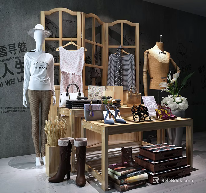 Retail Display Shelves With Mannequins Clothing Bags Shoes And Decorative Flowers 3d model 