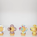 Flower Shaped Decorative Ornament Set With Wooden Base Green White Petals And Decorative Details