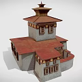 Traditional Architecture Model With Red Roof Gray Walls And Multi Level Tower Structure