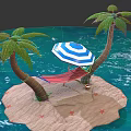 Cartoon Scene of Island With Palm Trees Striped Umbrella Red Hammock Blue Water and Starfish