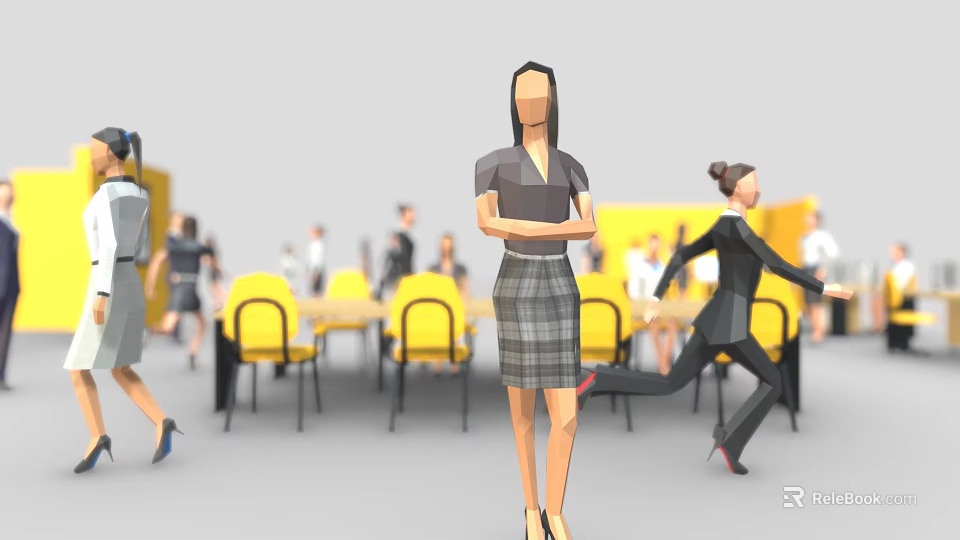 Many People In Busy Office Meeting Room With Yellow Chairs Tables 3d model 