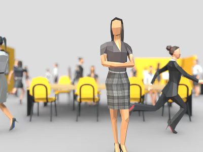 Many People In Busy Office Meeting Room With Yellow Chairs Tables 3d model