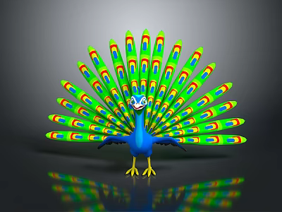 Peacock Displaying Vibrant Green Blue Yellow Feathers With Colorful Patterns In Elegant Posture 3d model
