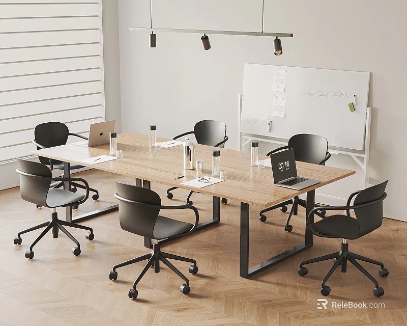 Modern Conference Room Interior With Wooden Table Black Chairs Laptops And Whiteboard 3d model 