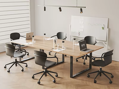 Modern Conference Room Interior With Wooden Table Black Chairs Laptops And Whiteboard 3d model