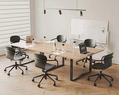 Modern Conference Room Interior With Wooden Table Black Chairs Laptops And Whiteboard 3d model