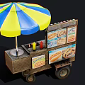 Colorful Striped Umbrella Hot Dog Cart With Condiments And Display Signs