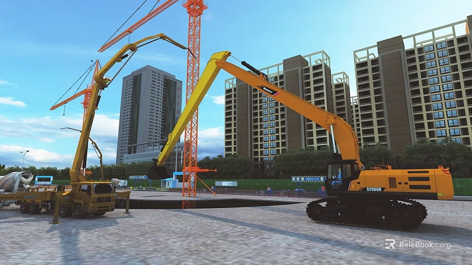 Aerial Planning View of Construction Site With Cranes Excavators and High Rise Buildings 3d model 