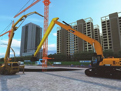 Aerial Planning View of Construction Site With Cranes Excavators and High Rise Buildings 3d model
