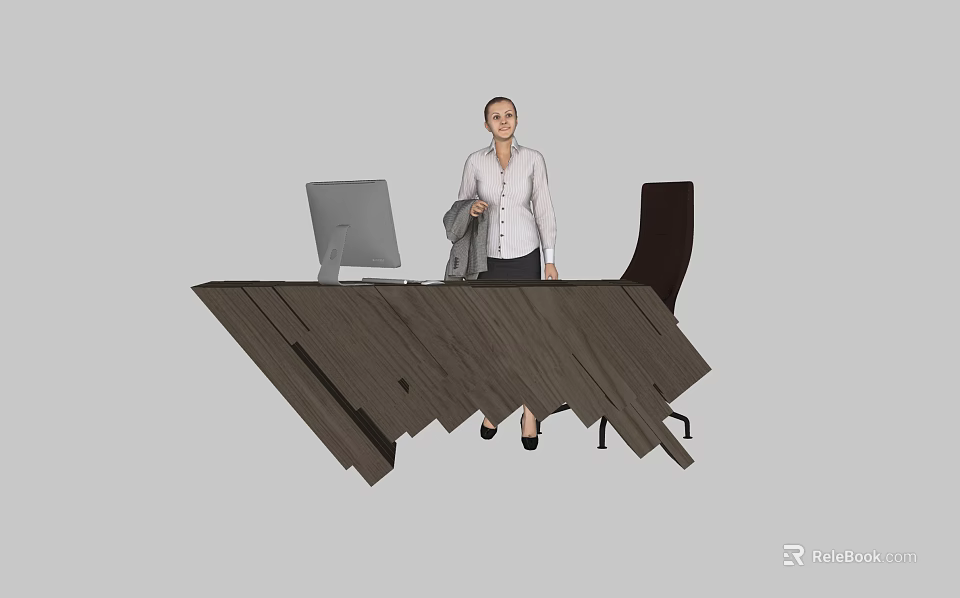 Dark Wooden Reception Desk With Computer Monitor Black Chair And Standing Receptionist 3d model 