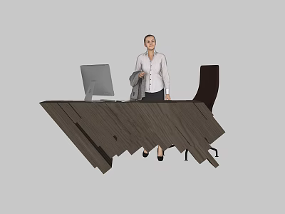 Dark Wooden Reception Desk With Computer Monitor Black Chair And Standing Receptionist 3d model
