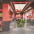 Stylish Modern Restaurant Interior With Neon Sign Red Counter Menu Posters And Red Chairs