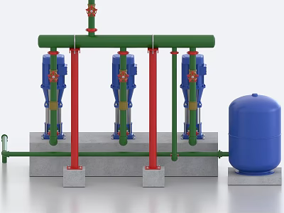 Industrial Water Pumping Equipment With Green Piping Blue Pumps Red Supports Blue Tank And Concrete Base 3d model
