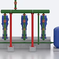 Industrial Water Pumping Equipment With Green Piping Blue Pumps Red Supports Blue Tank And Concrete Base