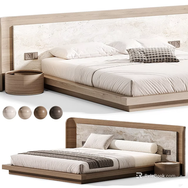 Modern Double Bed With Wooden Frame Marble Texture Headboard Round Nightstand And Color Options 3d model 