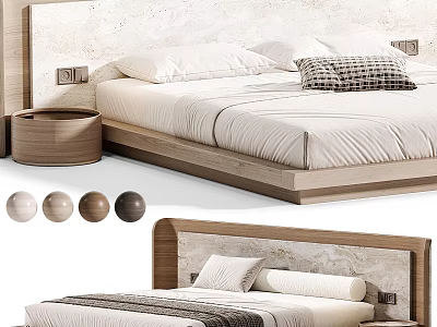 Modern Double Bed With Wooden Frame Marble Texture Headboard Round Nightstand And Color Options 3d model