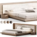 Modern Double Bed With Wooden Frame Marble Texture Headboard Round Nightstand And Color Options