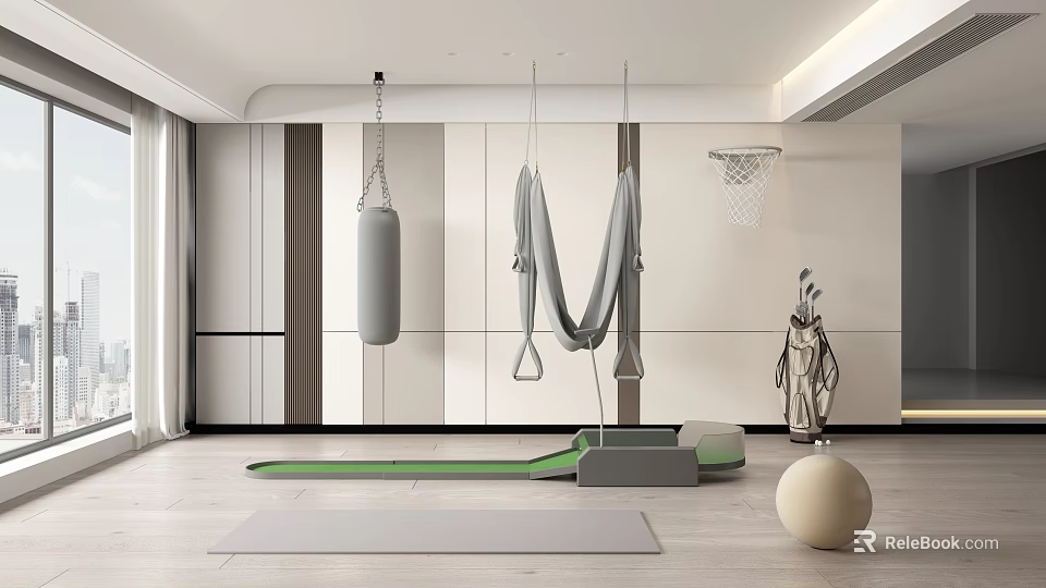Modern Home Gym With Punching Bag Yoga Swing And Sports Equipment 3d model 