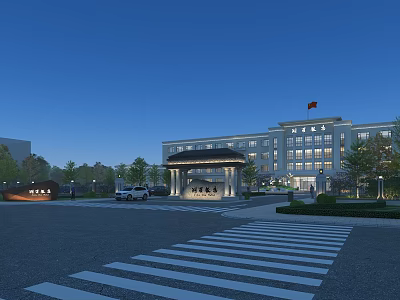 Elegant Main Entrance Gate Design With National Flag Trees Cars And Building Plaza Area 3d model