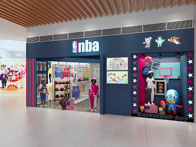 NBA Themed Storefront Window Display With Basketball Clothing Toys Mannequins And Star Decorations 3d model