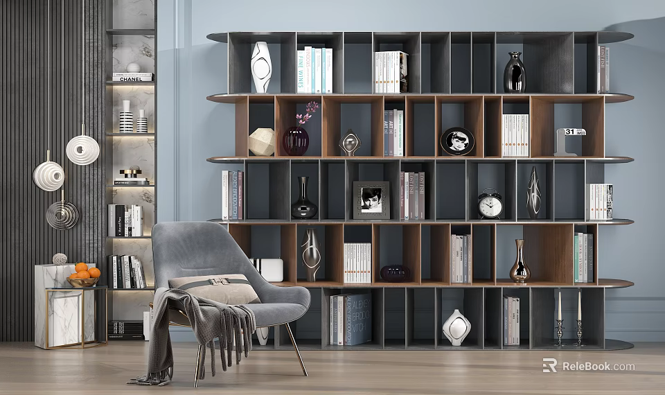 Modern Multi Tiered Bookshelf Design With Books Decorative Items And Gray Chair 3d model 